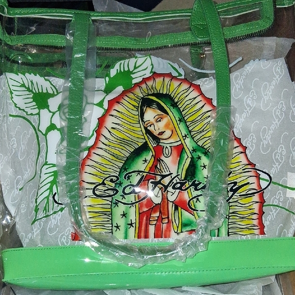 Ed Hardy Green Tote Bag with Mexican Folk Art Design - Picture 5 of 7